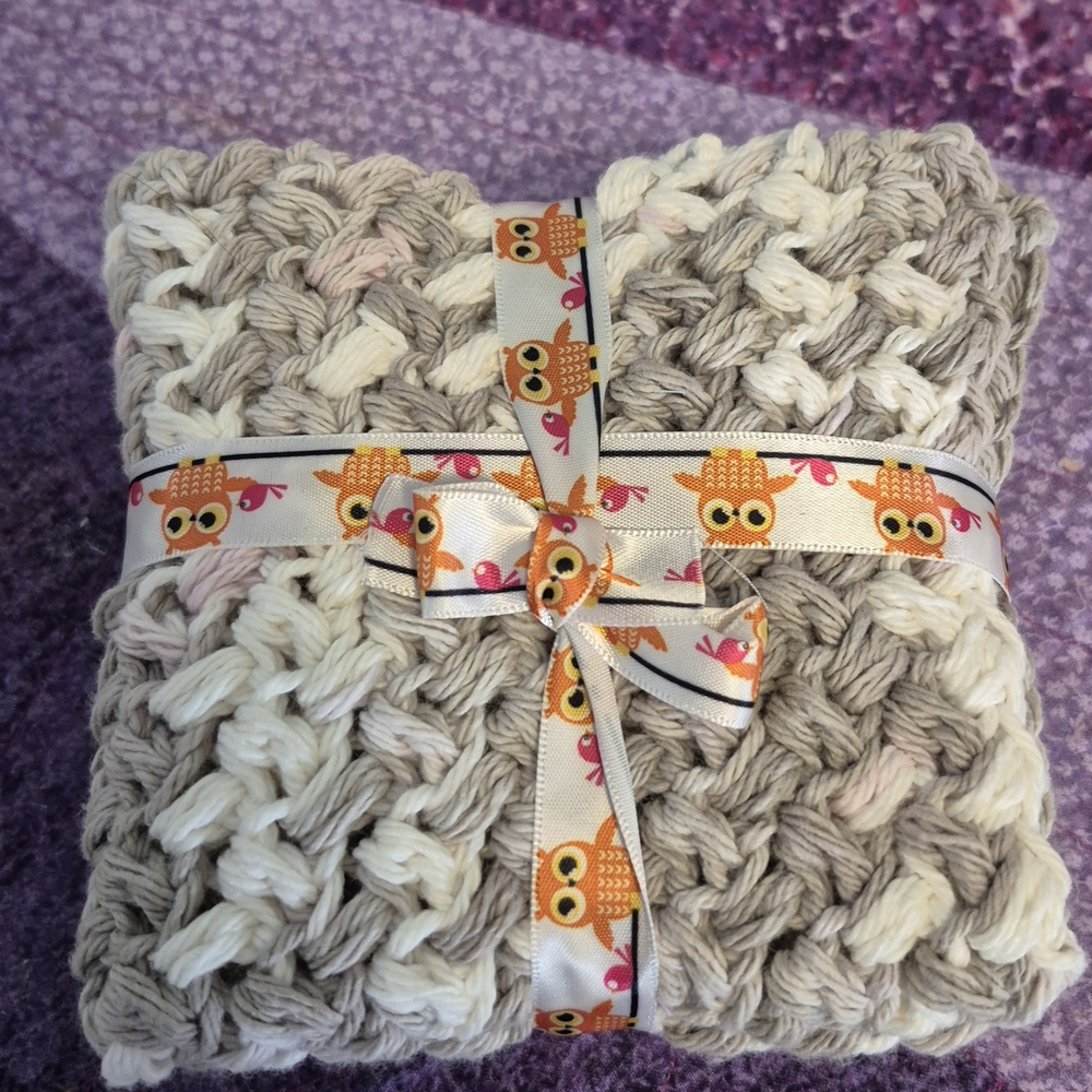 Handcrafted Owl Ribbon Wash Cloths - Gray and Cream